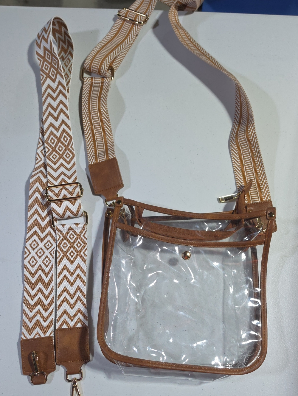 Clear Crossbody Bag with Tan Trim and Adjustable Patterned Strap